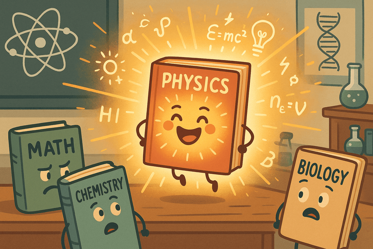 A cartoon physics textbook with a big smile and glowing aura, surrounded by floating equations and energy symbols, while other sad textbooks look on enviously in a classroom or library setting
