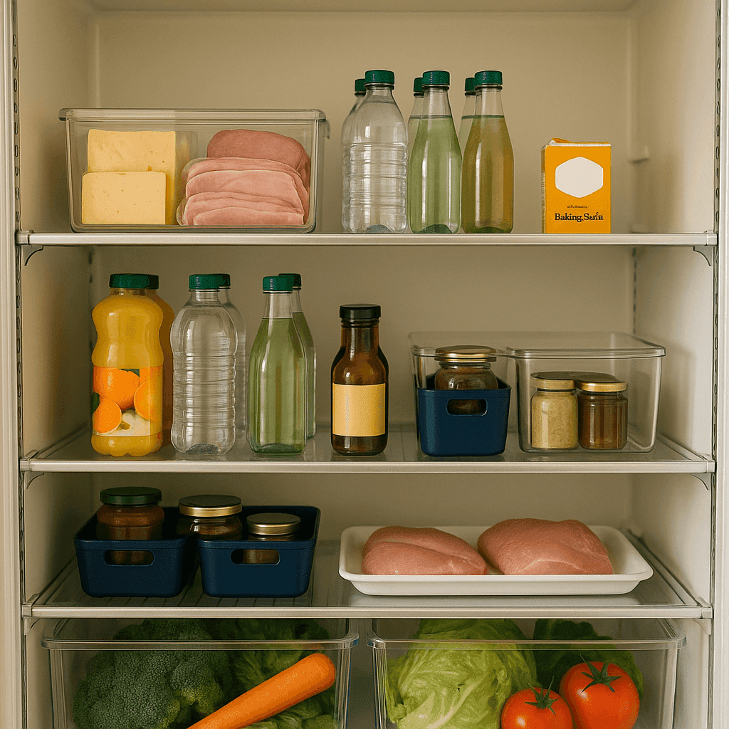 Clean organized refrigerator with clear bins grouping items and fresh produce ready for holiday cooking